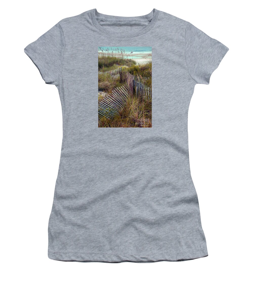 Beach Women's T-Shirt featuring the photograph Stick Fence Ocean by Linda Olsen