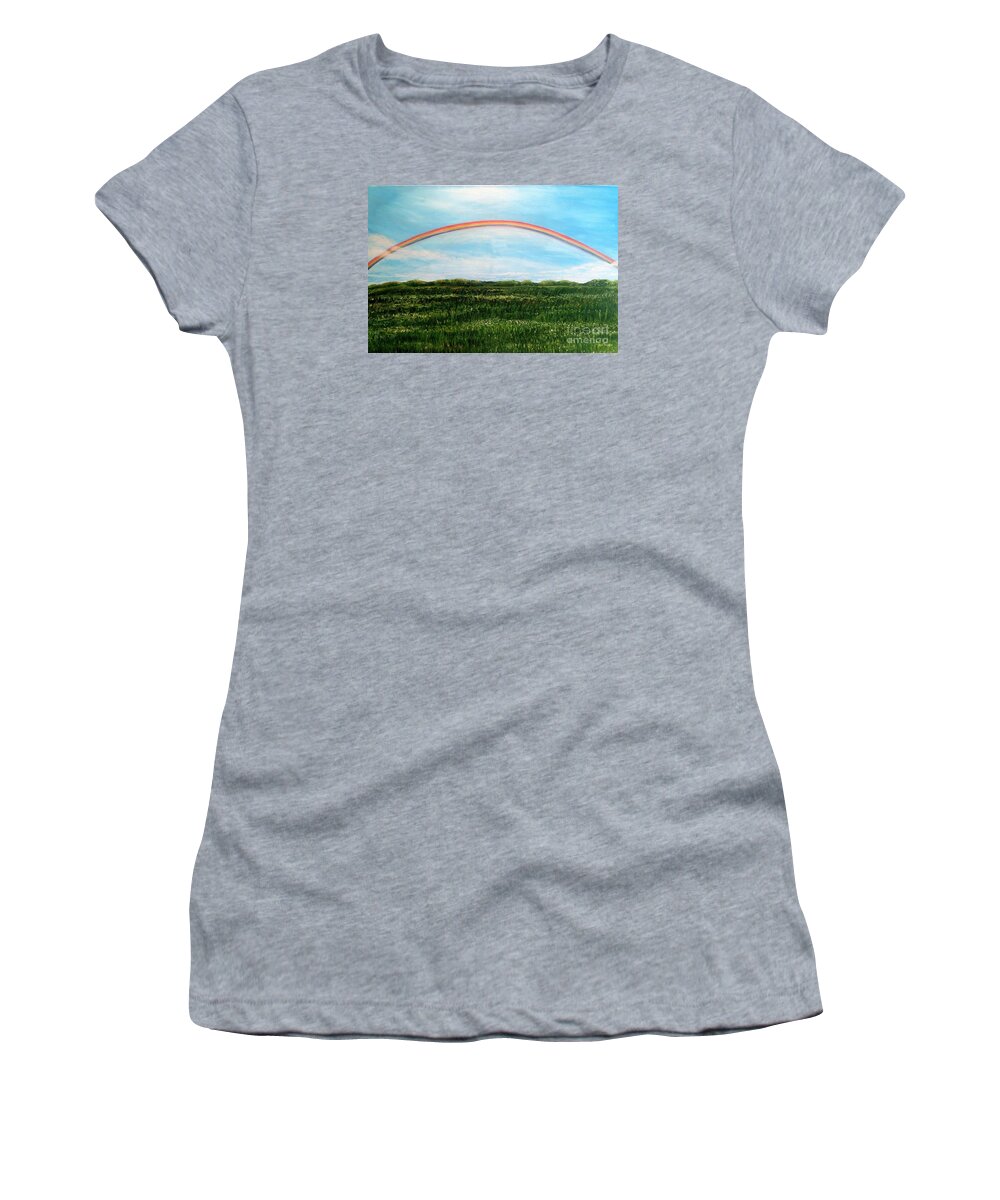 Full Primary Rainbow With Light Wispy Floating Clouds Bright Light Filtering In Soft Blue Sky Background Symbolic Form Of After Death Communication Angel Or God Message Of Promise Row Upon Row Of Tall Grasses And White And Yellow Wild Flowers Gentle Rolling Hills With Golden Green Trees In Background Of Field Nature Scene Paintings Rainbow Acrylic Paintings Women's T-Shirt featuring the painting Still Searching for Somewhere Over the Rainbow? by Kimberlee Baxter