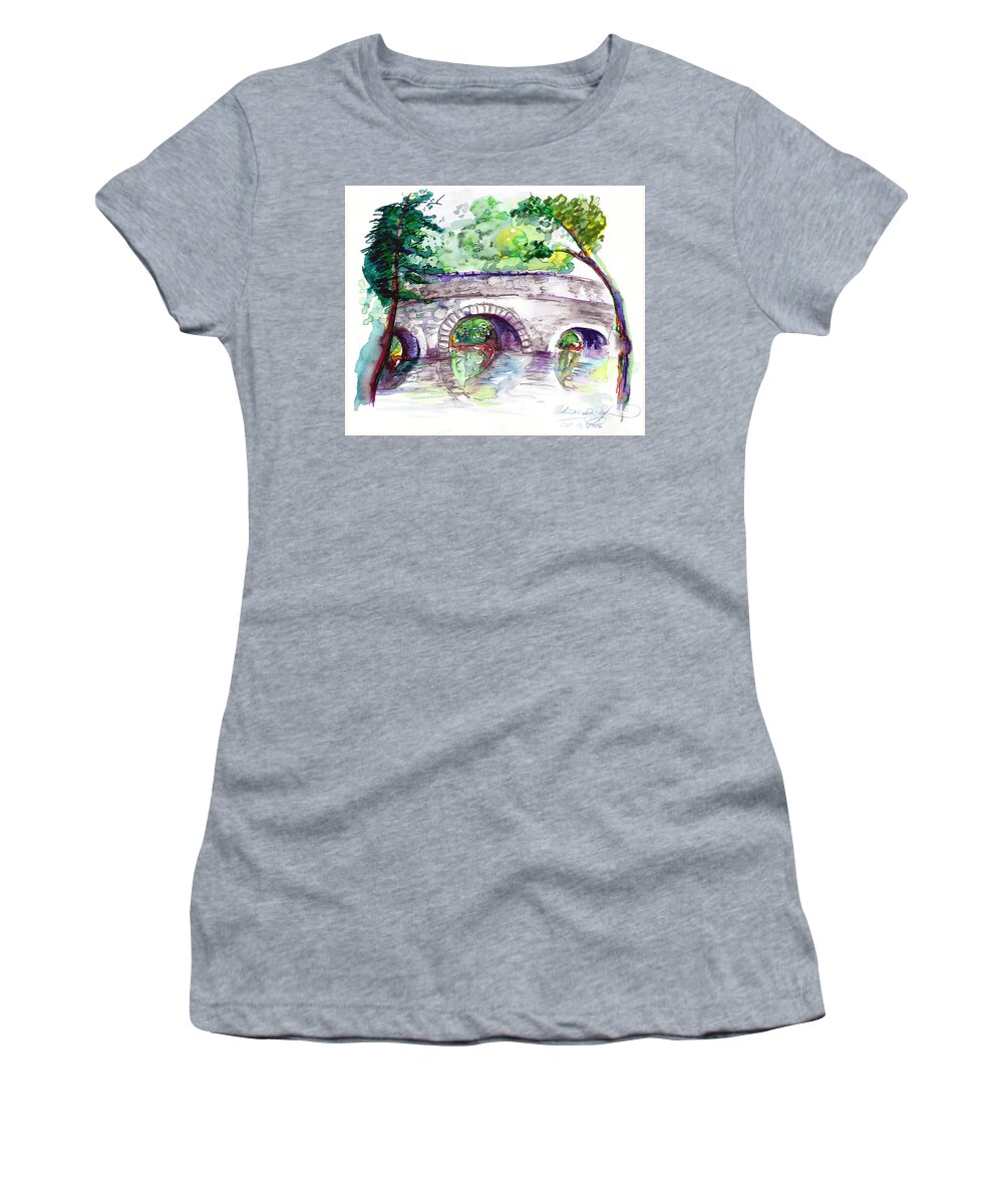 Stone Women's T-Shirt featuring the painting Stone Bridge in Early Autumn by Melinda Dare Benfield