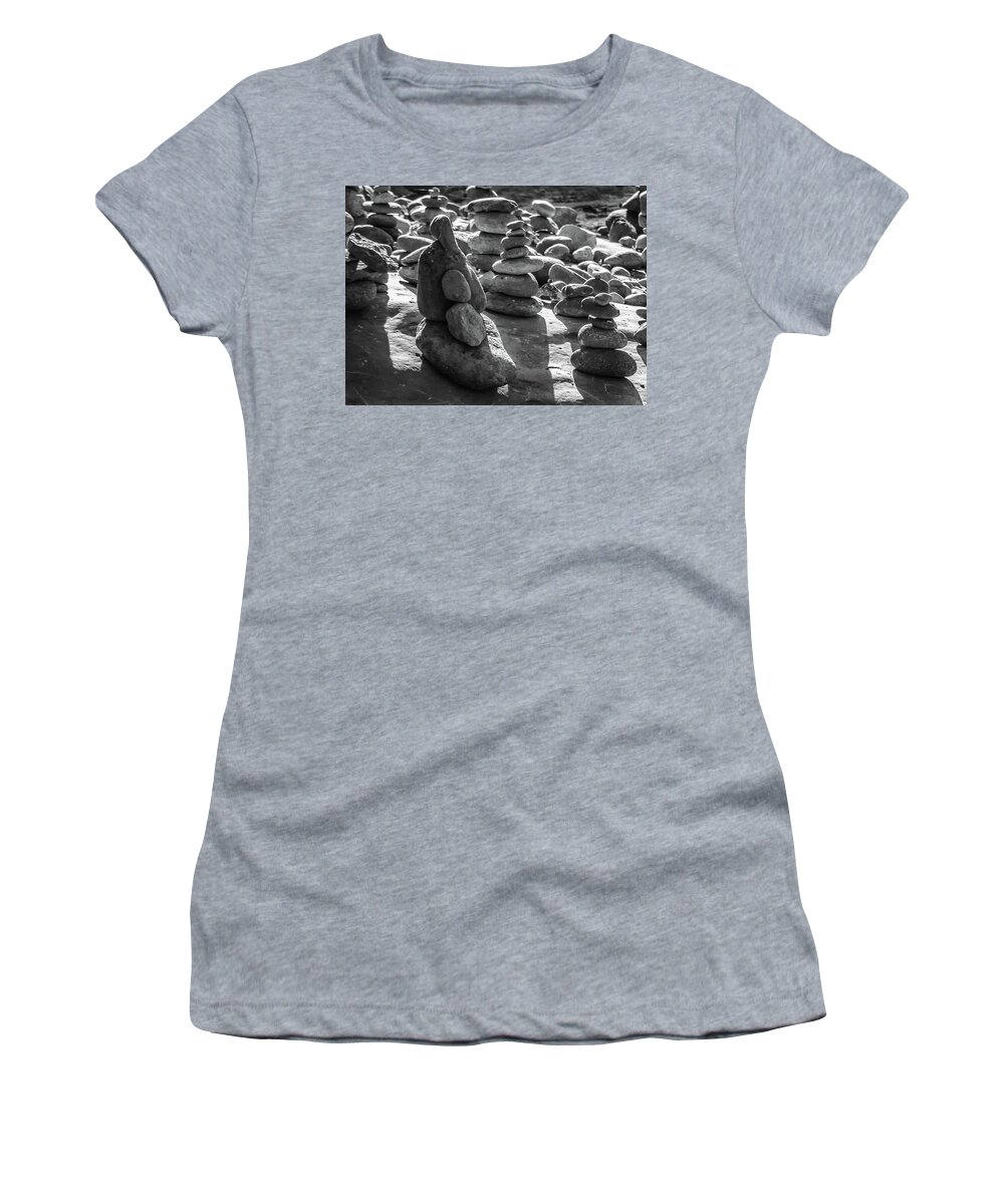 Stones Women's T-Shirt featuring the photograph Stone Cairns 7791-101717-2cr-bw by Tam Ryan