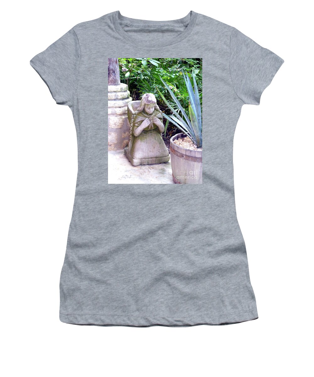 Stone Girl Women's T-Shirt featuring the photograph Stone Girl with Basket and Plants by Francesca Mackenney