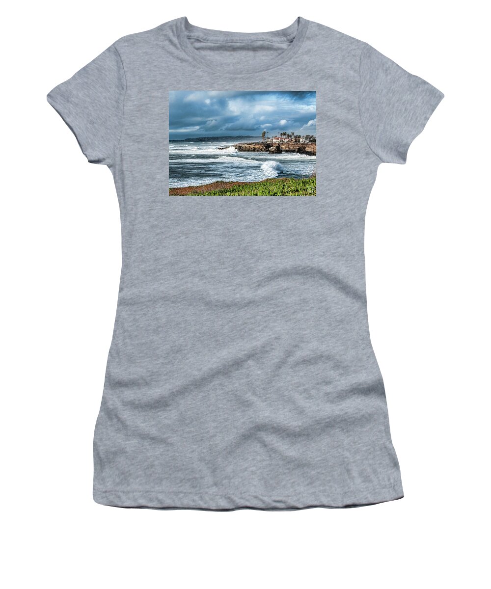 Storm Wave At Sunset Cliffs Women's T-Shirt featuring the photograph Storm Wave at Sunset Cliffs by Daniel Hebard