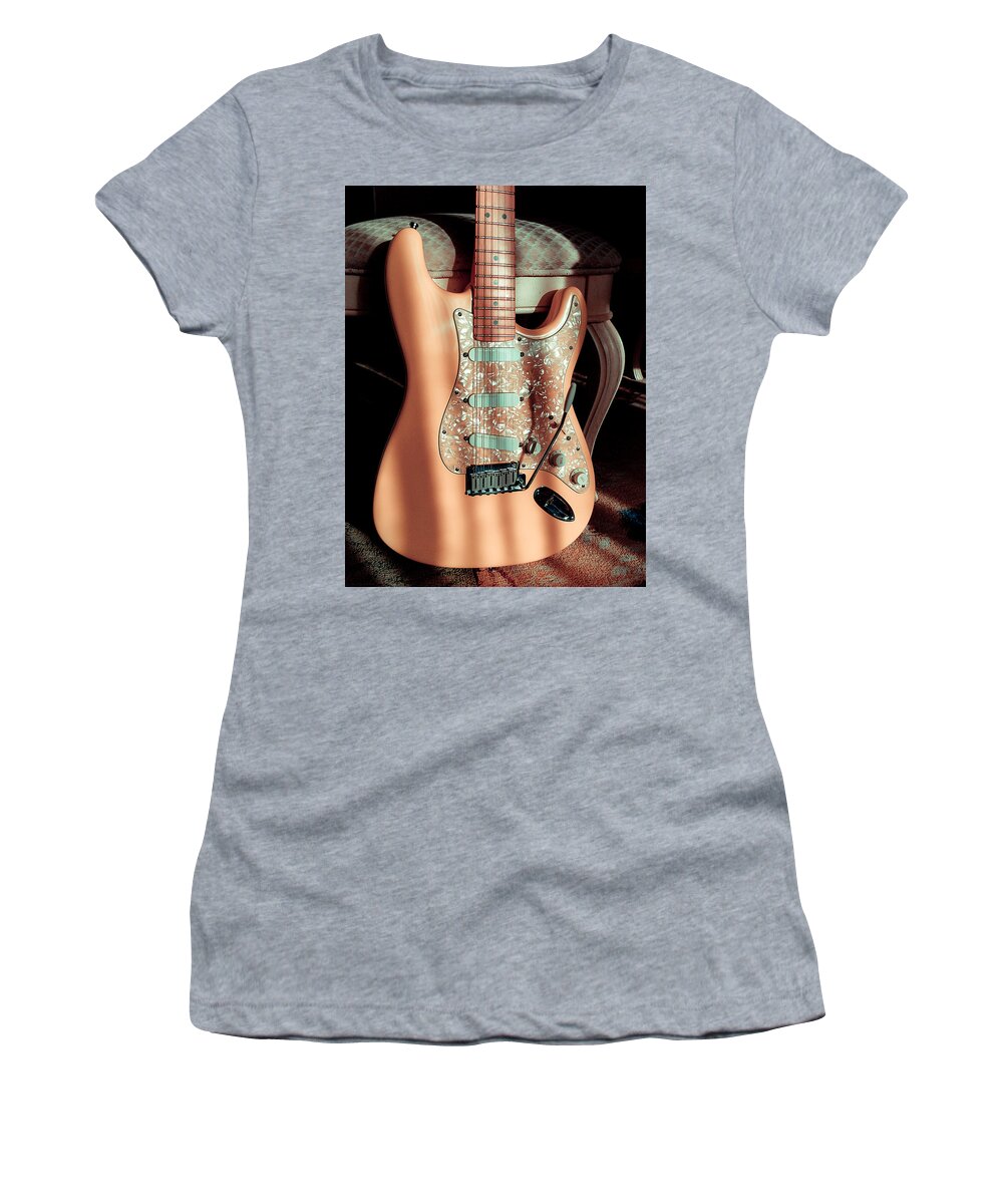 Guitar Women's T-Shirt featuring the digital art Stratocaster Plus in Shell Pink by Guitarwacky Fine Art