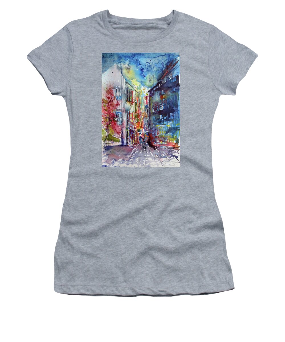 Street Women's T-Shirt featuring the painting Street at night by Kovacs Anna Brigitta