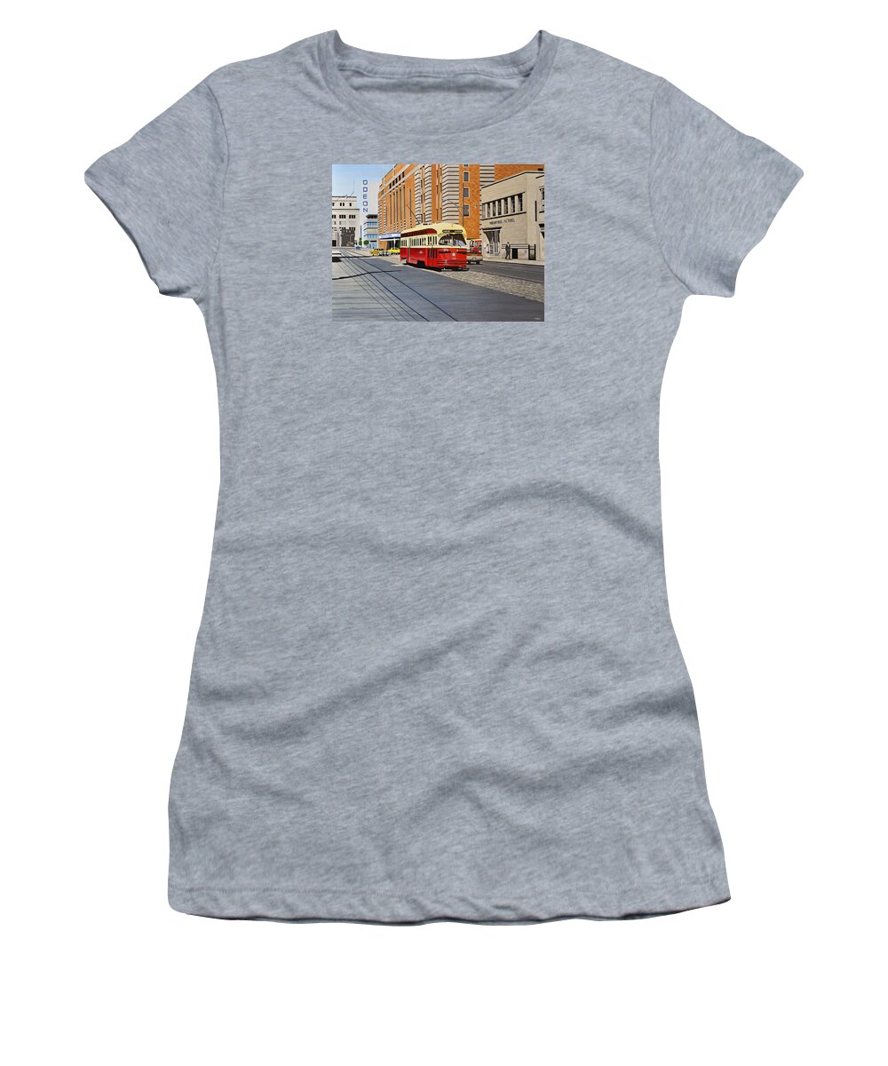 Streetcars Women's T-Shirt featuring the painting Streetcar on Carlton circa 1970 by Kenneth M Kirsch