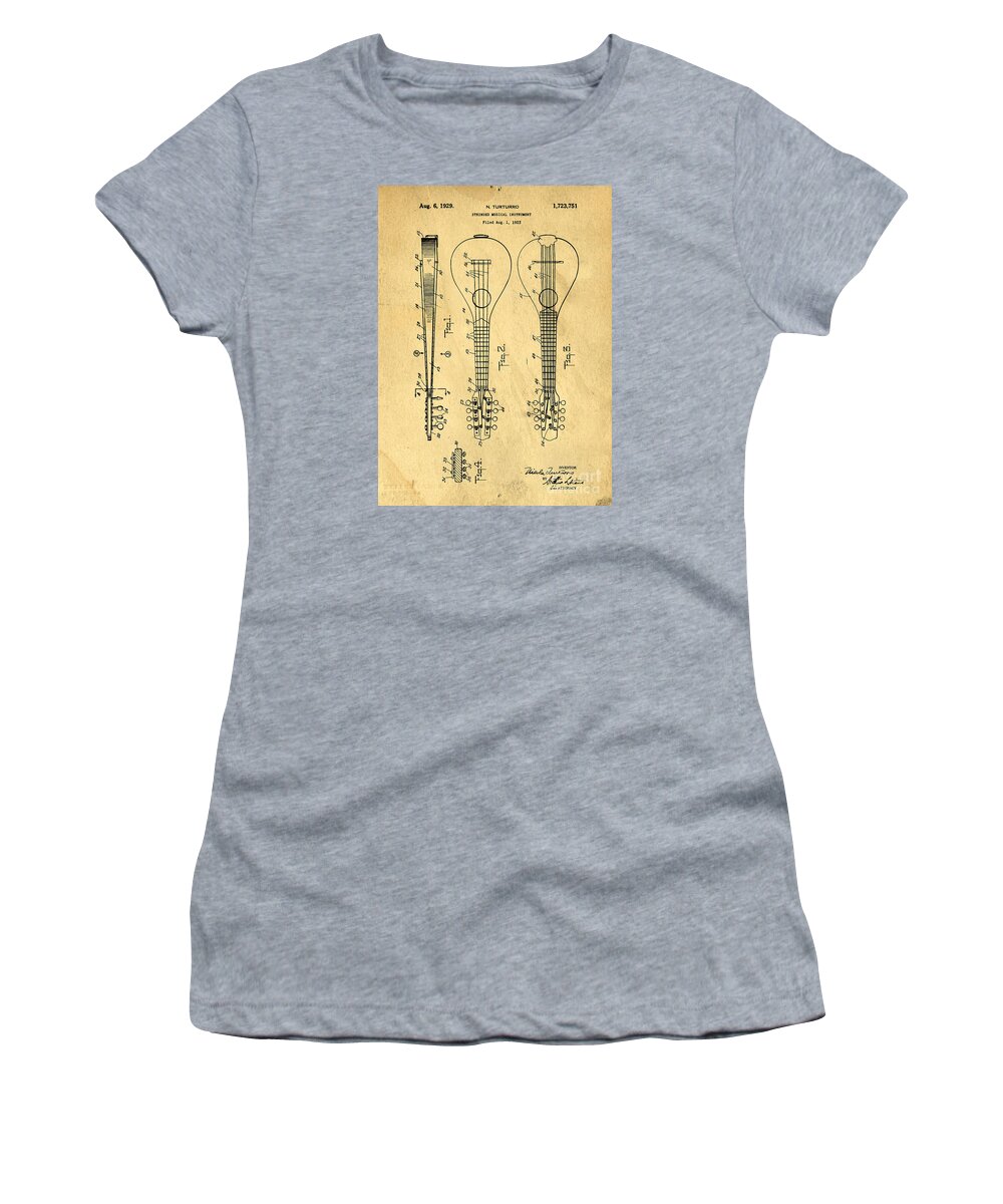 Original Women's T-Shirt featuring the digital art Stringed Musicial Instrument Patent Art Blueprint Drawing by Edward Fielding