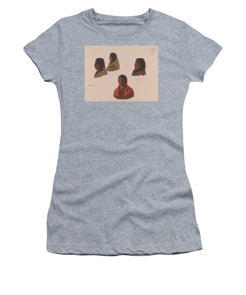19th Century Art Women's T-Shirt featuring the painting Studies of Indian Chiefs Made at Fort Laramie by Albert Bierstadt
