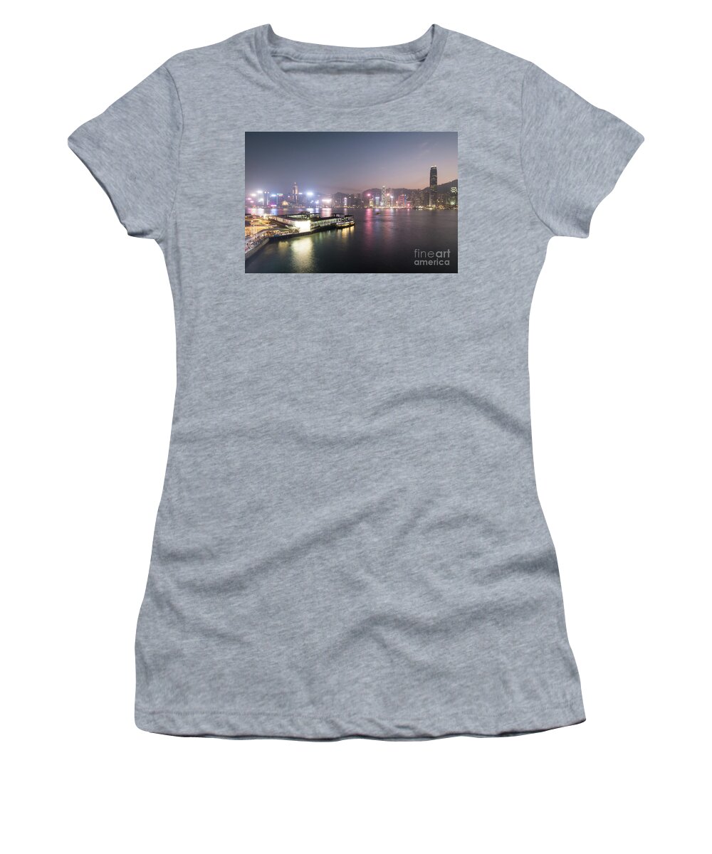 Central - Hong Kong Women's T-Shirt featuring the photograph Stunning view of the twilight over the Victoria harbor and star by Didier Marti