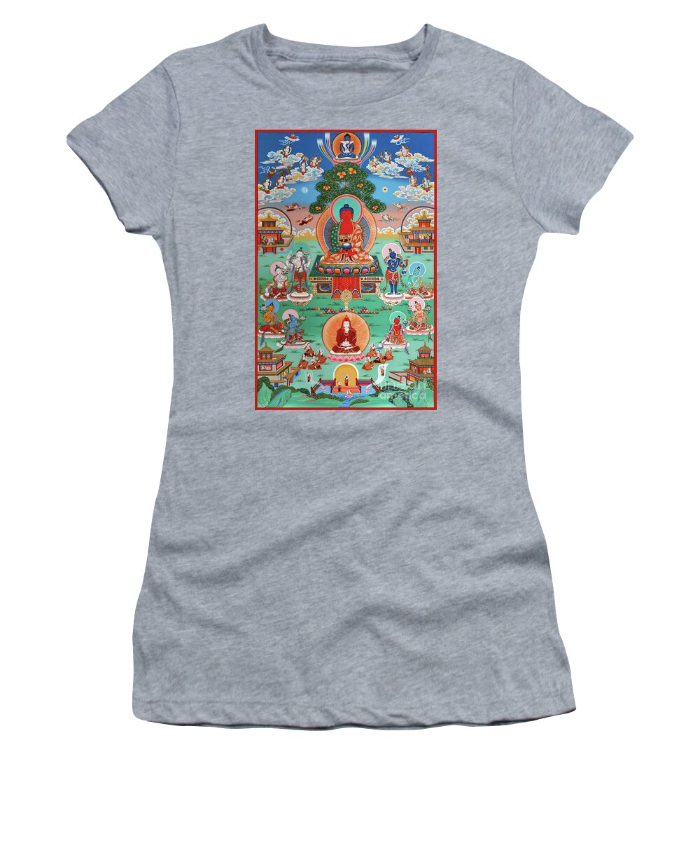 Guru Dewa Chenpo Women's T-Shirt featuring the painting Sukhavati Pure Land of Buddha Amitabha by Sergey Noskov