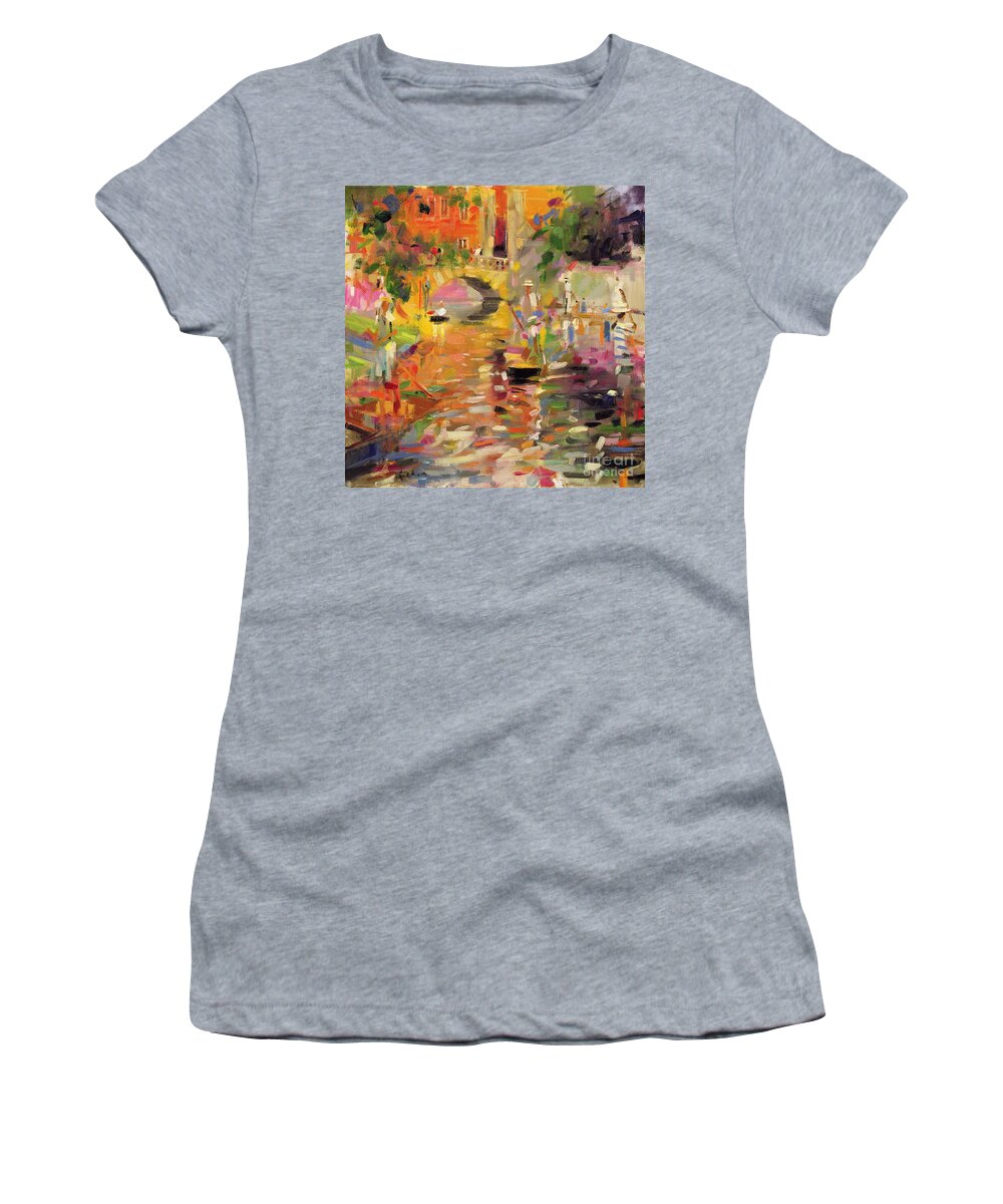 Bridge; River; Boat; Water Women's T-Shirt featuring the painting Summer Heat by Peter Graham
