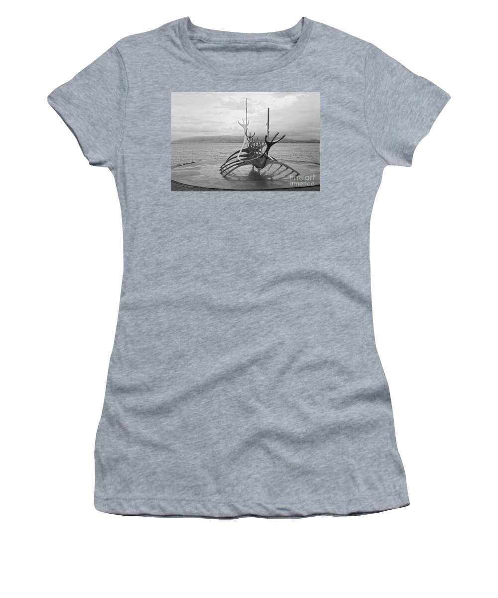 Sun Voyager Women's T-Shirt featuring the photograph Sun Voyager, Reykjavik, Black and White by Catherine Sherman