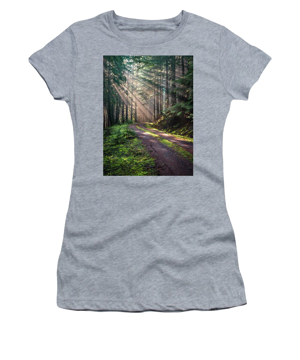 Landscape Women's T-Shirt featuring the photograph Sunbeam in Trees portrait by Jason Brooks