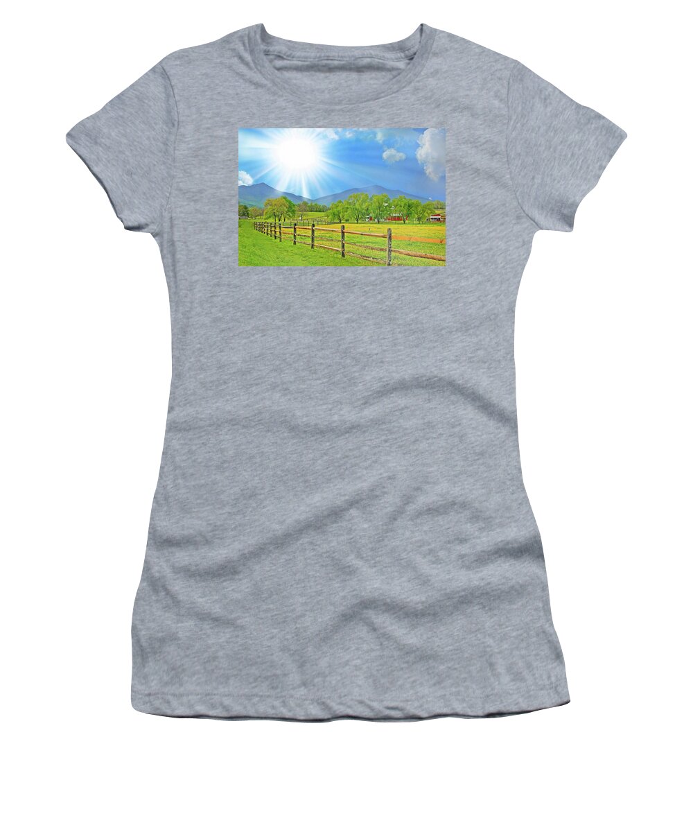 Peaks Of Otter Women's T-Shirt featuring the photograph Sunburst Over Peaks of Otter, Virginia by The James Roney Collection