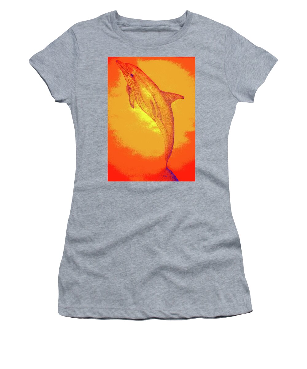  Dolphin Paintings Women's T-Shirt featuring the drawing Sunburst Porpoise by Mayhem Mediums
