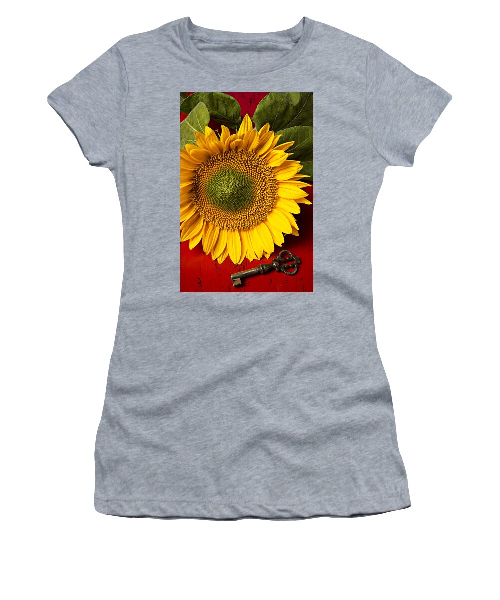 Sunflower Women's T-Shirt featuring the photograph Sunflower with old key by Garry Gay