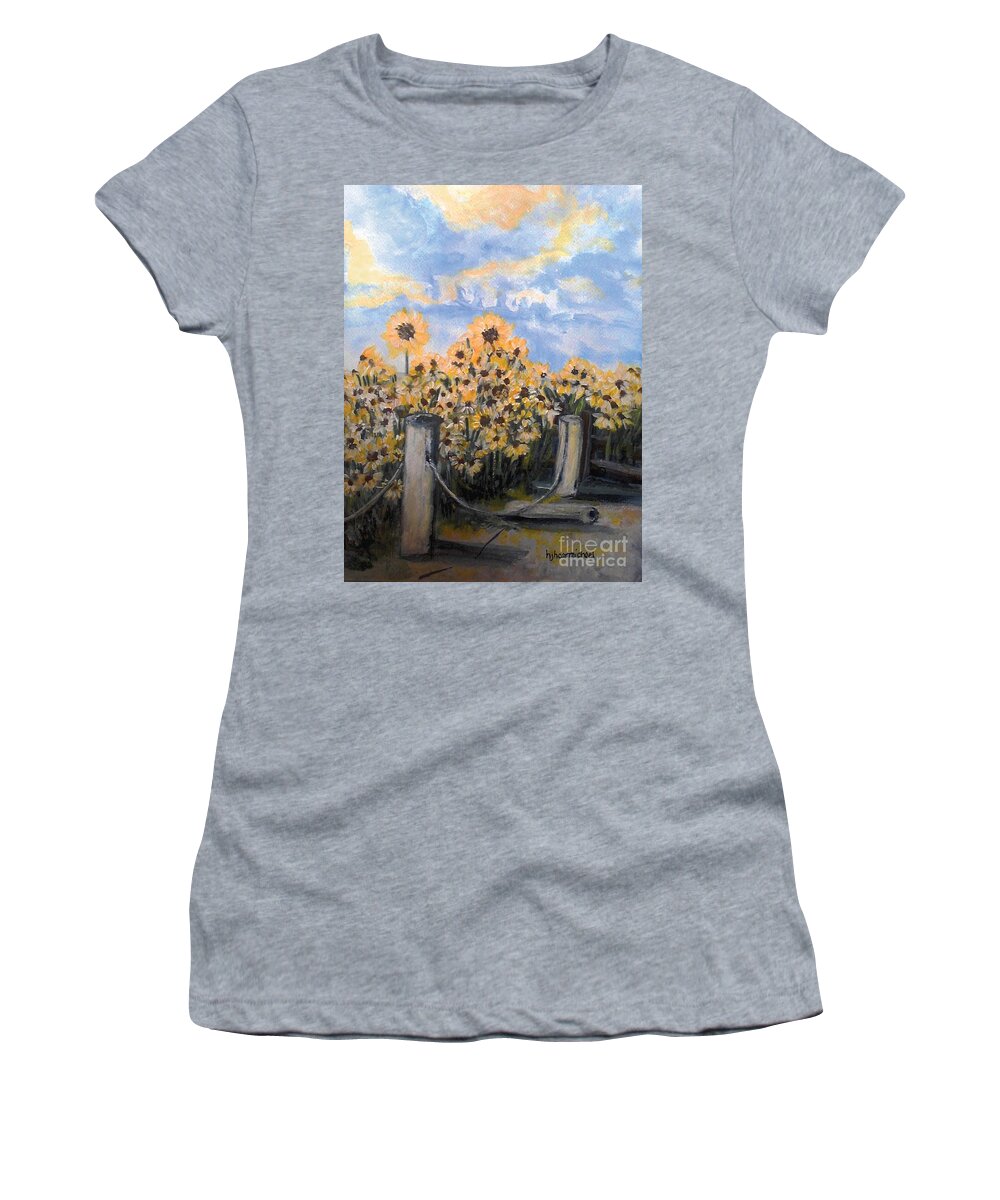 Sunflowers Women's T-Shirt featuring the painting Sunflowers at Rest Stop Near Great Sand Dunes by Holly Carmichael
