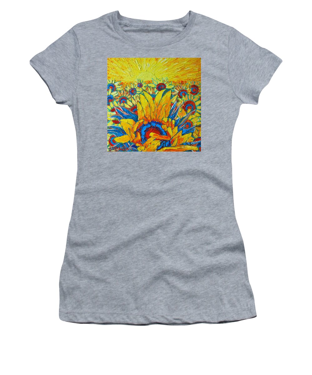 Sunflowers Women's T-Shirt featuring the painting Sunflowers Field In Sunrise Light by Ana Maria Edulescu