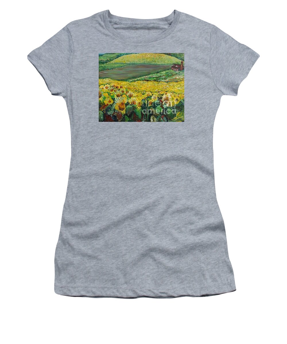 A Field Of Yellow Sunflowers Women's T-Shirt featuring the painting Sunflowers In Provence by Nadine Rippelmeyer