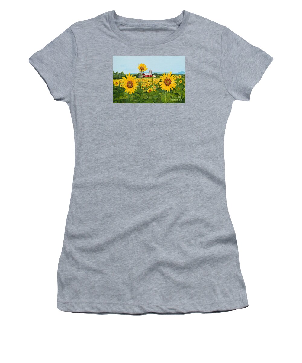 Sunflower Women's T-Shirt featuring the painting Sunflowers on Route 45 - Pennsylvania- Autumn Glow by Jan Dappen