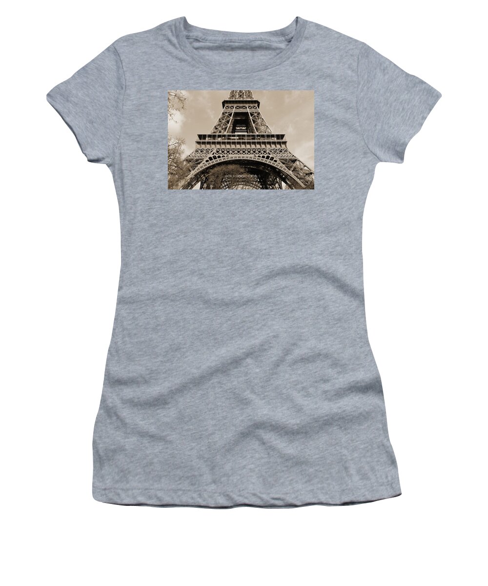 Travelpixpro Women's T-Shirt featuring the photograph Sunlit Eiffel Tower First and Second Floors Paris France Sepia by Shawn O'Brien
