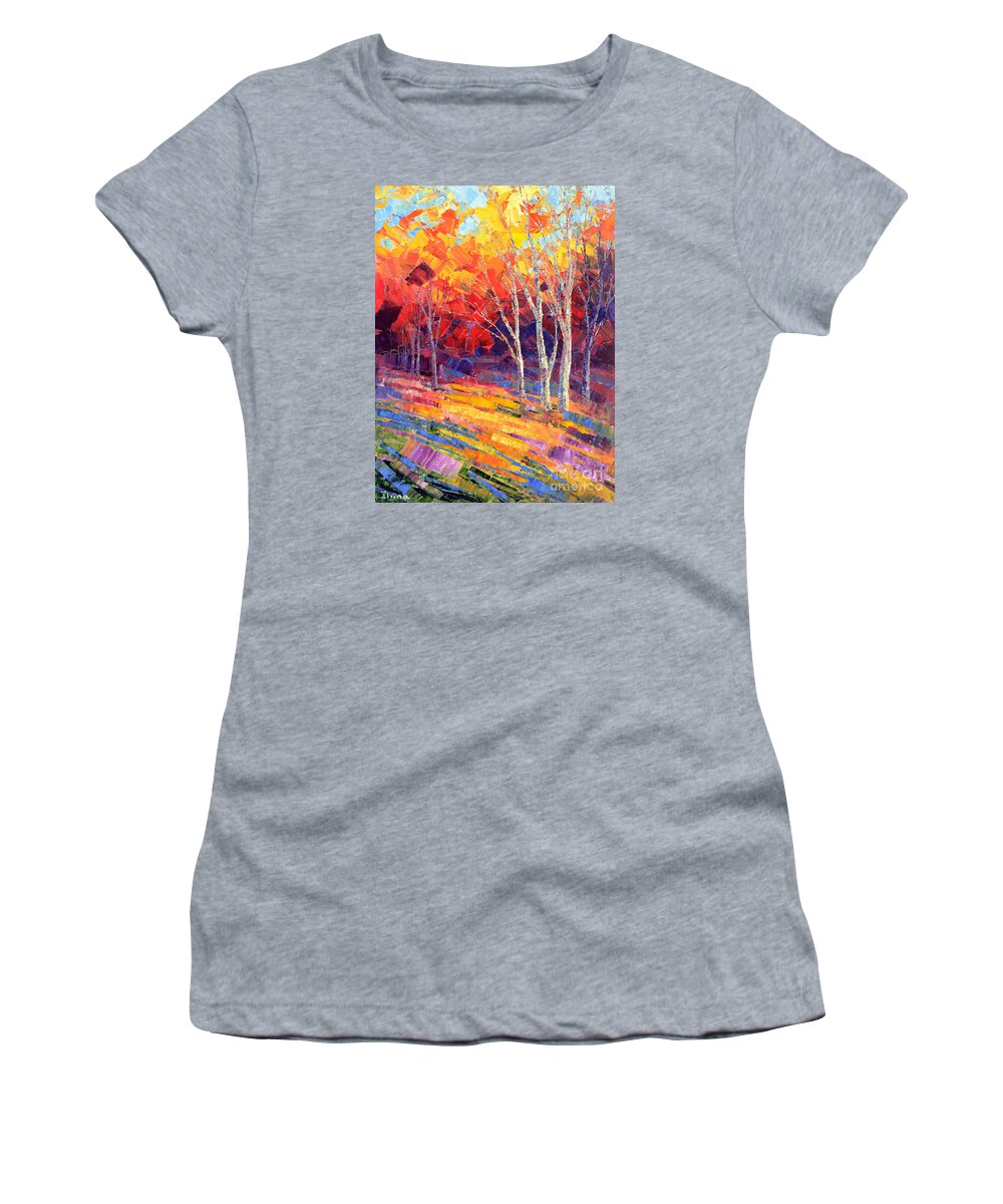 Forest Women's T-Shirt featuring the painting Sunlit Shadows by Tatiana Iliina