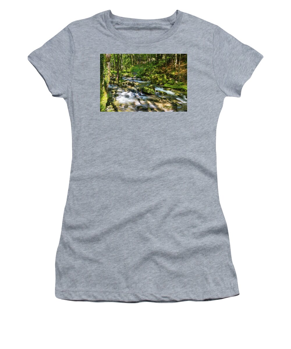 Torrent Women's T-Shirt featuring the photograph Sunny afternoon under the trees - 2 by Paul MAURICE