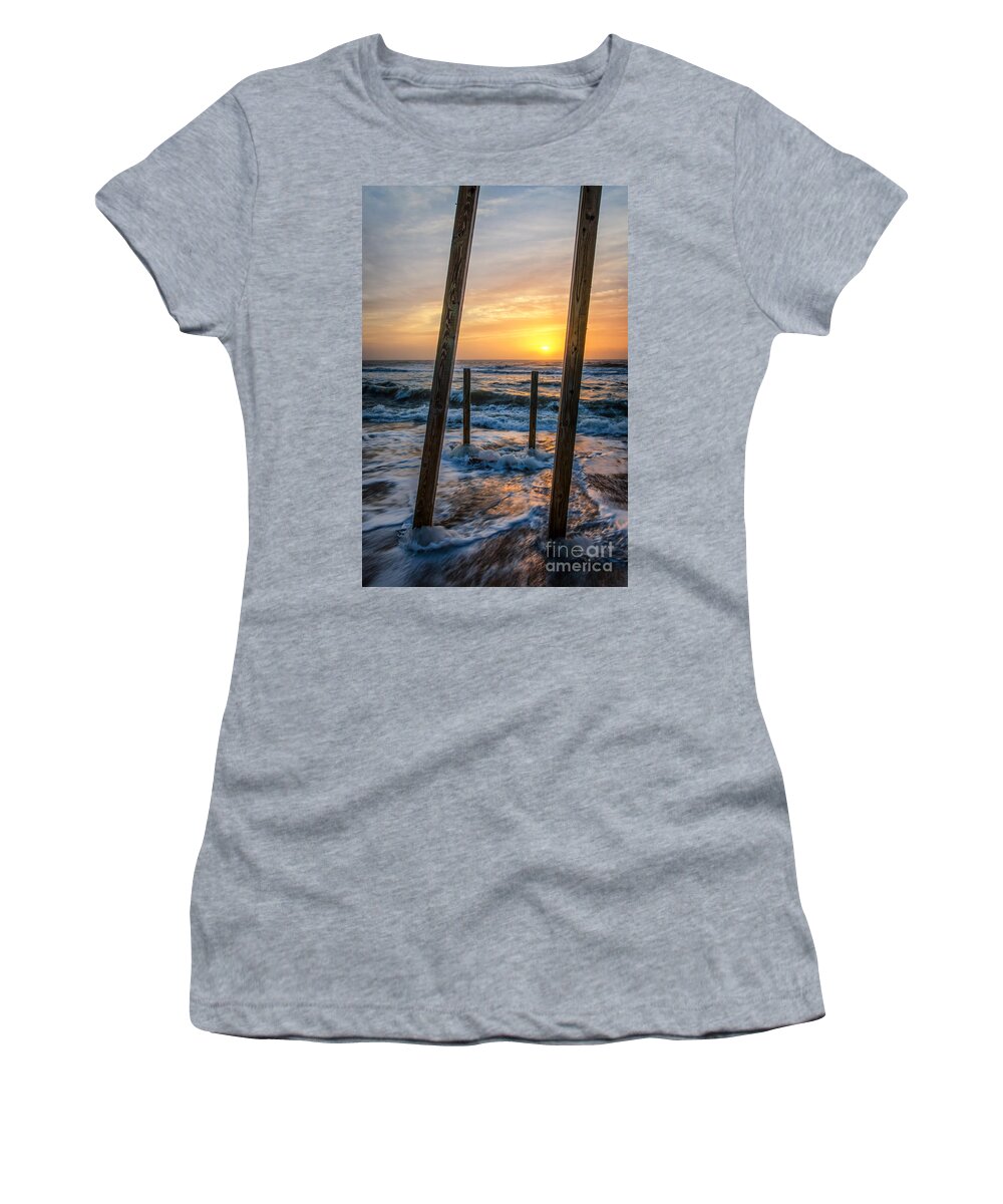 Sunrise Women's T-Shirt featuring the photograph Sunrise Between the Pillars Coastal Landscape Photograph by PIPA Fine Art - Simply Solid