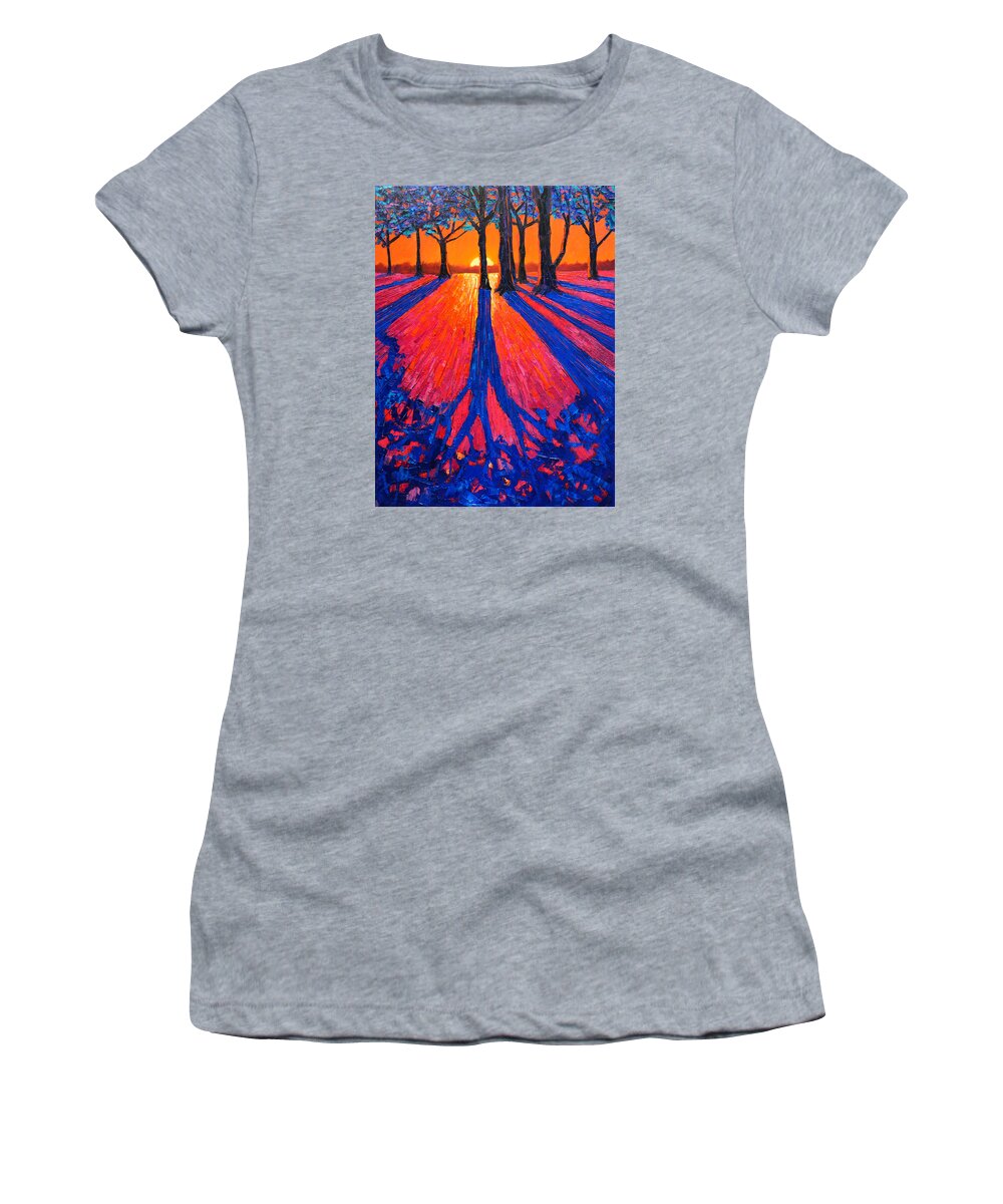 Trees Women's T-Shirt featuring the painting Sunrise In Glory - Long Shadows Of Trees At Dawn by Ana Maria Edulescu