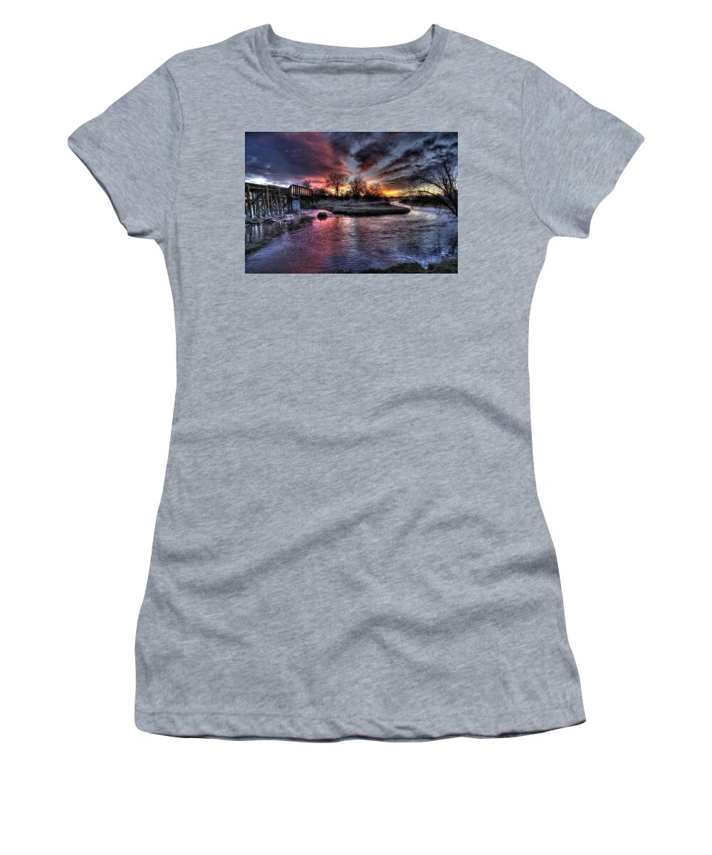 Railroad Women's T-Shirt featuring the photograph Sunrise Trestle #1 by Fiskr Larsen