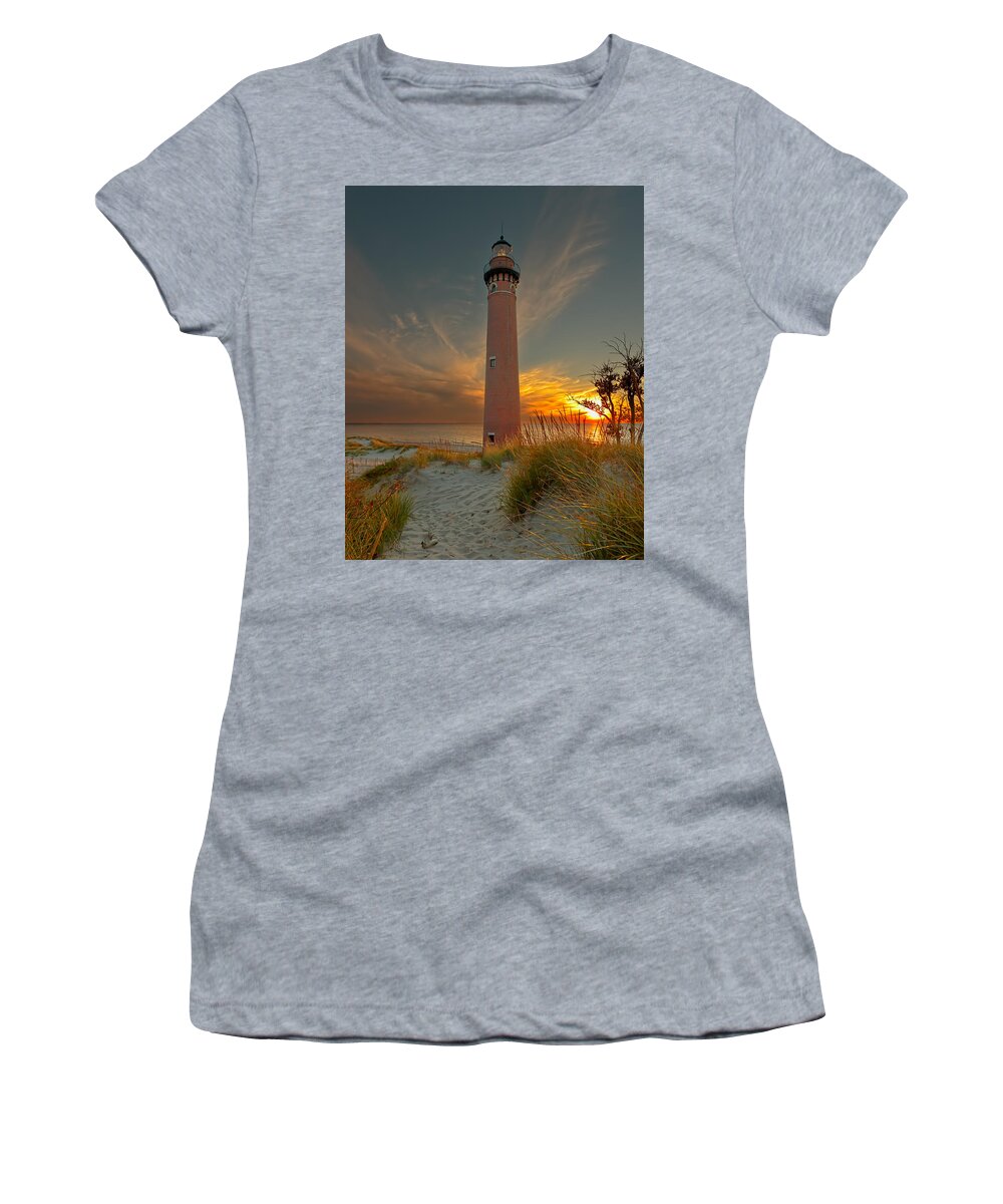 Lighthouse Women's T-Shirt featuring the photograph Sunset at Petite Pointe Au Sable by Susan Rissi Tregoning