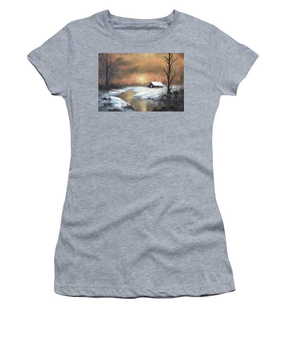 Landscape Sunset Woods River Stream Forest Women's T-Shirt featuring the painting Sunset cabin by Justin Wozniak