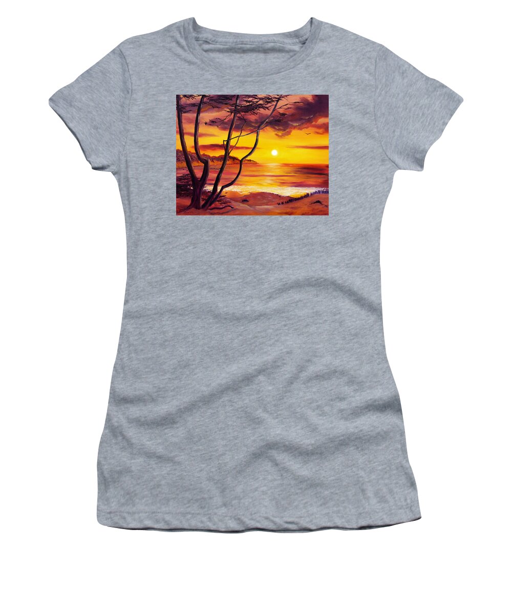 Oil Painting Women's T-Shirt featuring the painting Sunset from a Carmel Cypress Tree by Laura Iverson