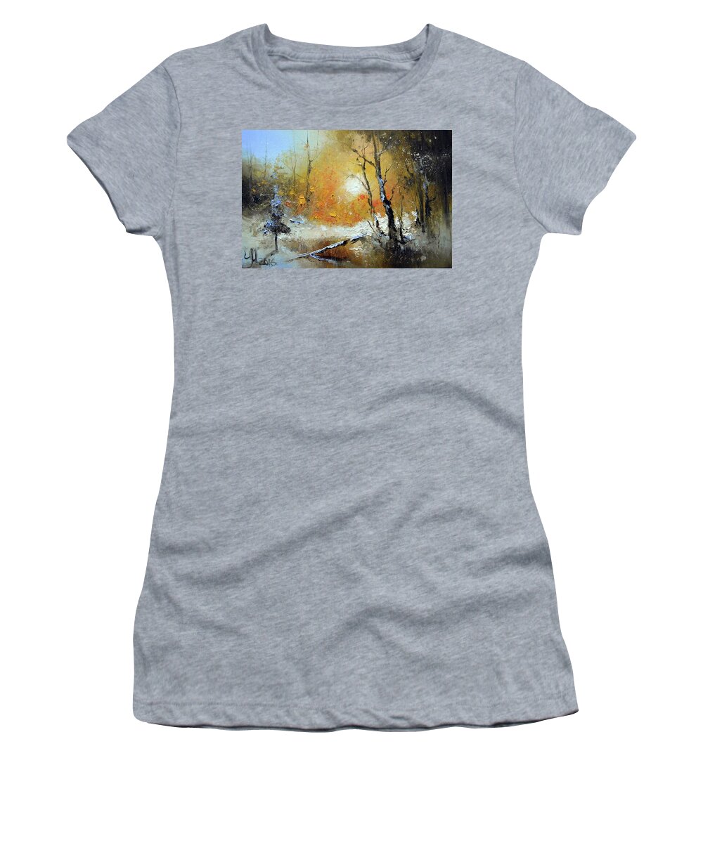  Women's T-Shirt featuring the painting Sunset in Winter Forest by Igor Medvedev