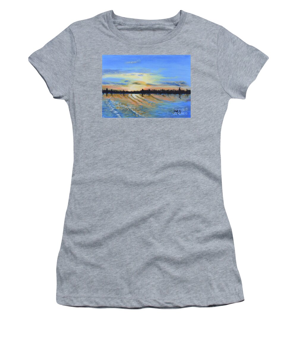 Sunset Women's T-Shirt featuring the painting Sunset-Ivanhoe1 by Monika Shepherdson