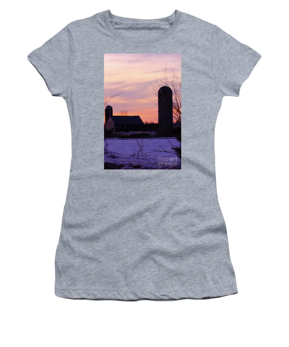 Sunset Women's T-Shirt featuring the photograph Sunset on a Dairy Farm by Kathy DesJardins