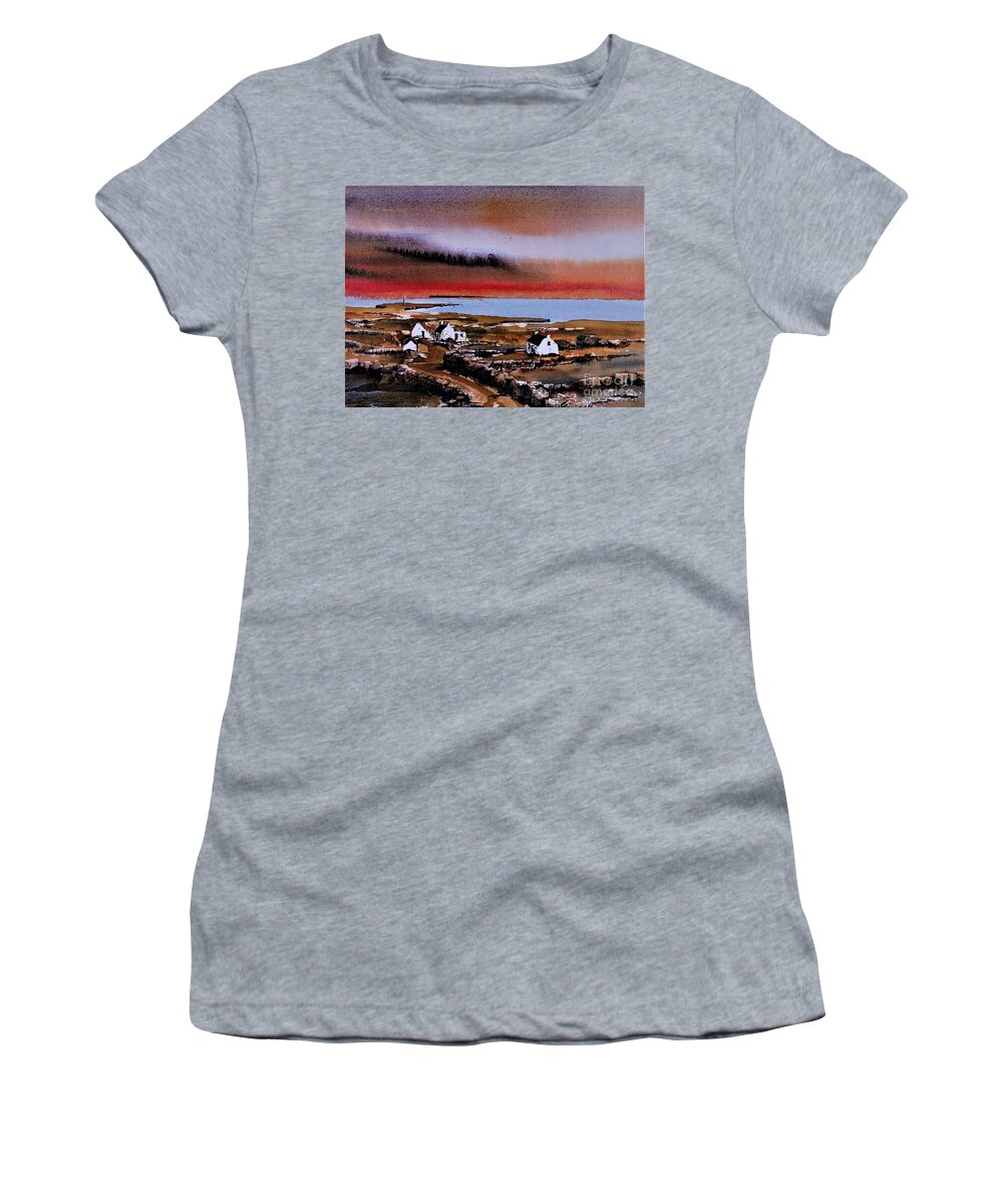 Ireland Women's T-Shirt featuring the painting Sunset on Bungowla, Inishmor, Aran. by Val Byrne