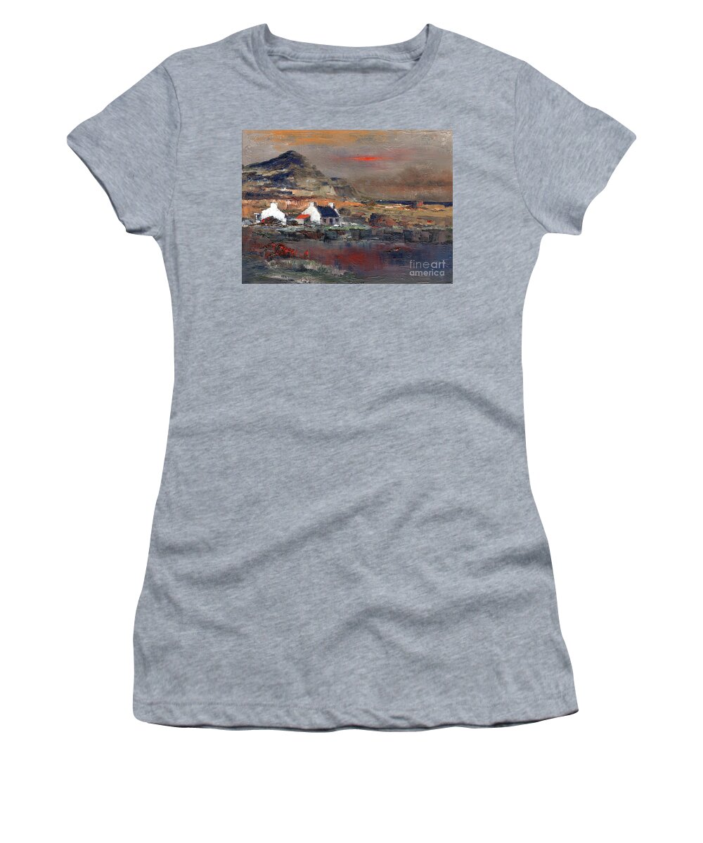  Women's T-Shirt featuring the mixed media Sunset on Mount Errigal, Dunegal by Val Byrne