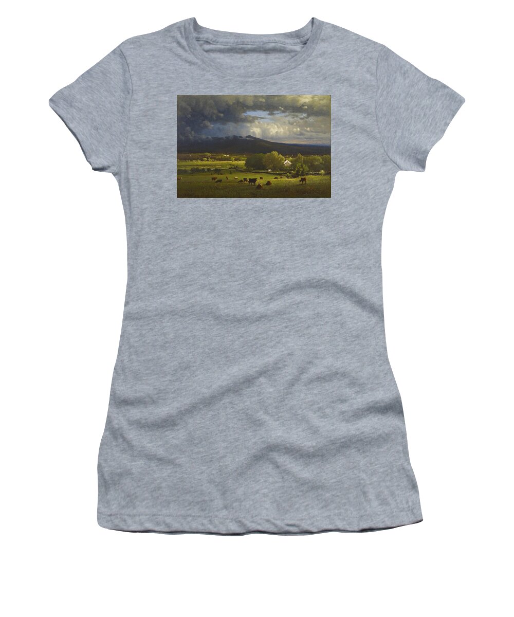 Sunset On The River By George Inness Women's T-Shirt featuring the painting Sunset on the River by George Inness