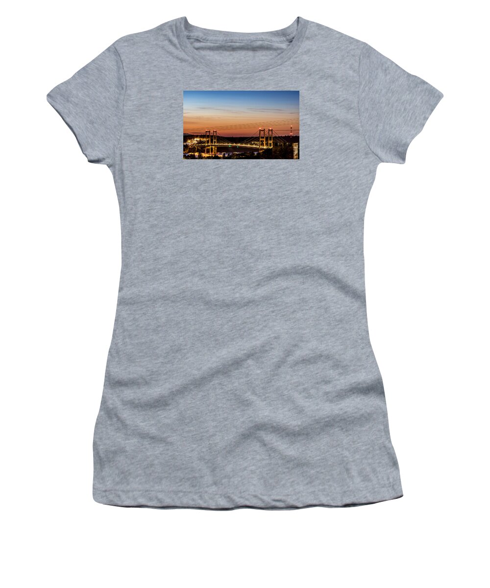 Sunset Women's T-Shirt featuring the photograph Sunset Over the Tacoma Narrows Bridges by Rob Green