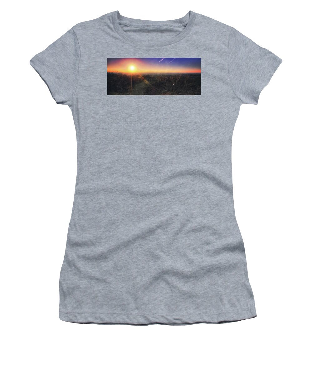 Silhouette Women's T-Shirt featuring the photograph Sunset over Wisconsin Treetops at Lapham Peak by Jennifer Rondinelli Reilly - Fine Art Photography