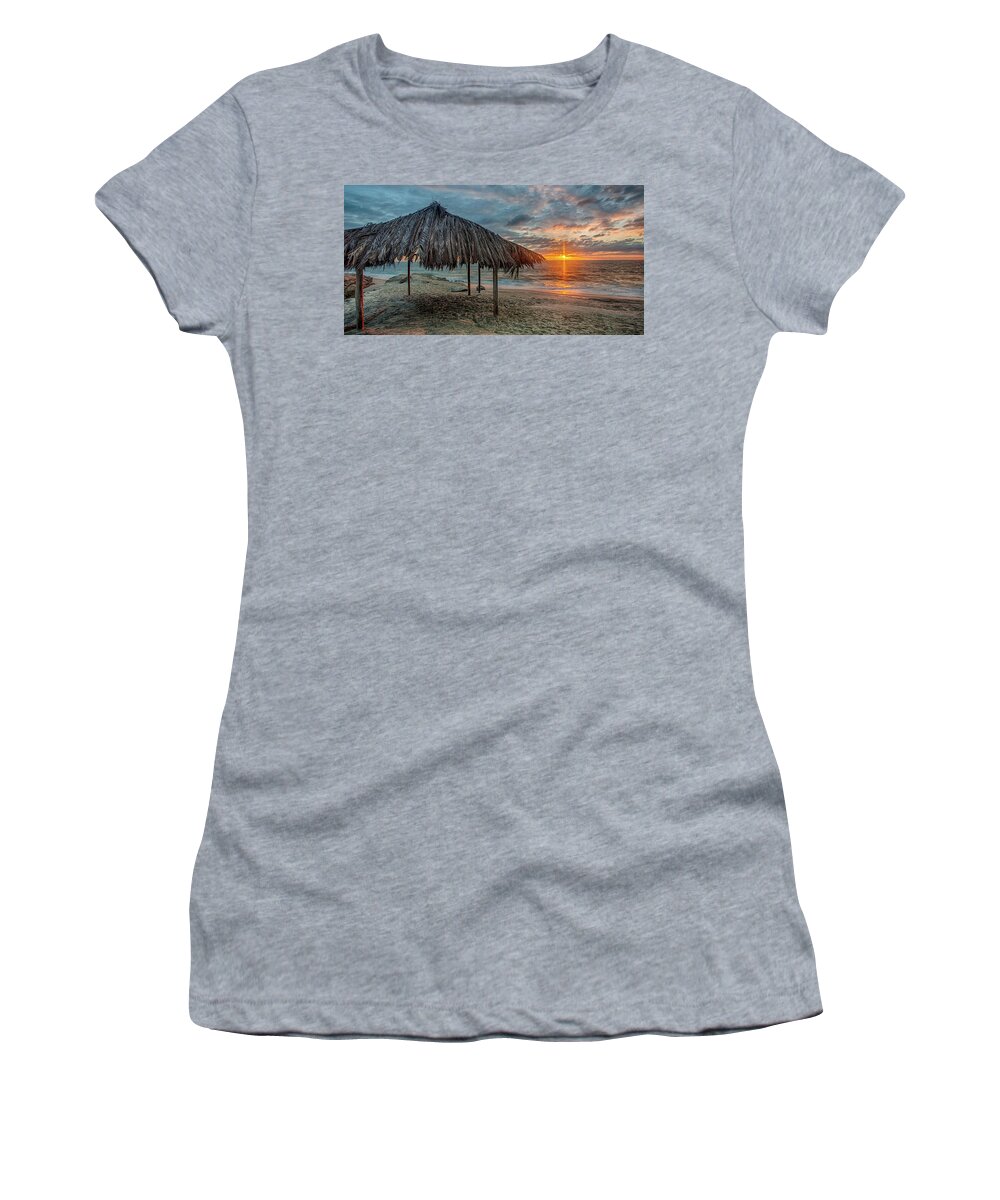 Beach Women's T-Shirt featuring the photograph Surf Shack at Sunset - Wide Format by Peter Tellone