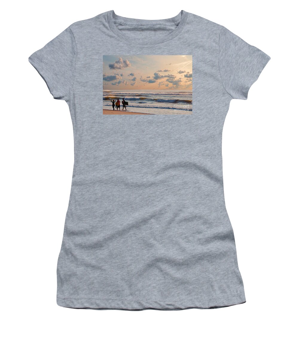 Surfing Women's T-Shirt featuring the photograph Surfing At Sunrise On The Jersey Shore by Jeff Breiman
