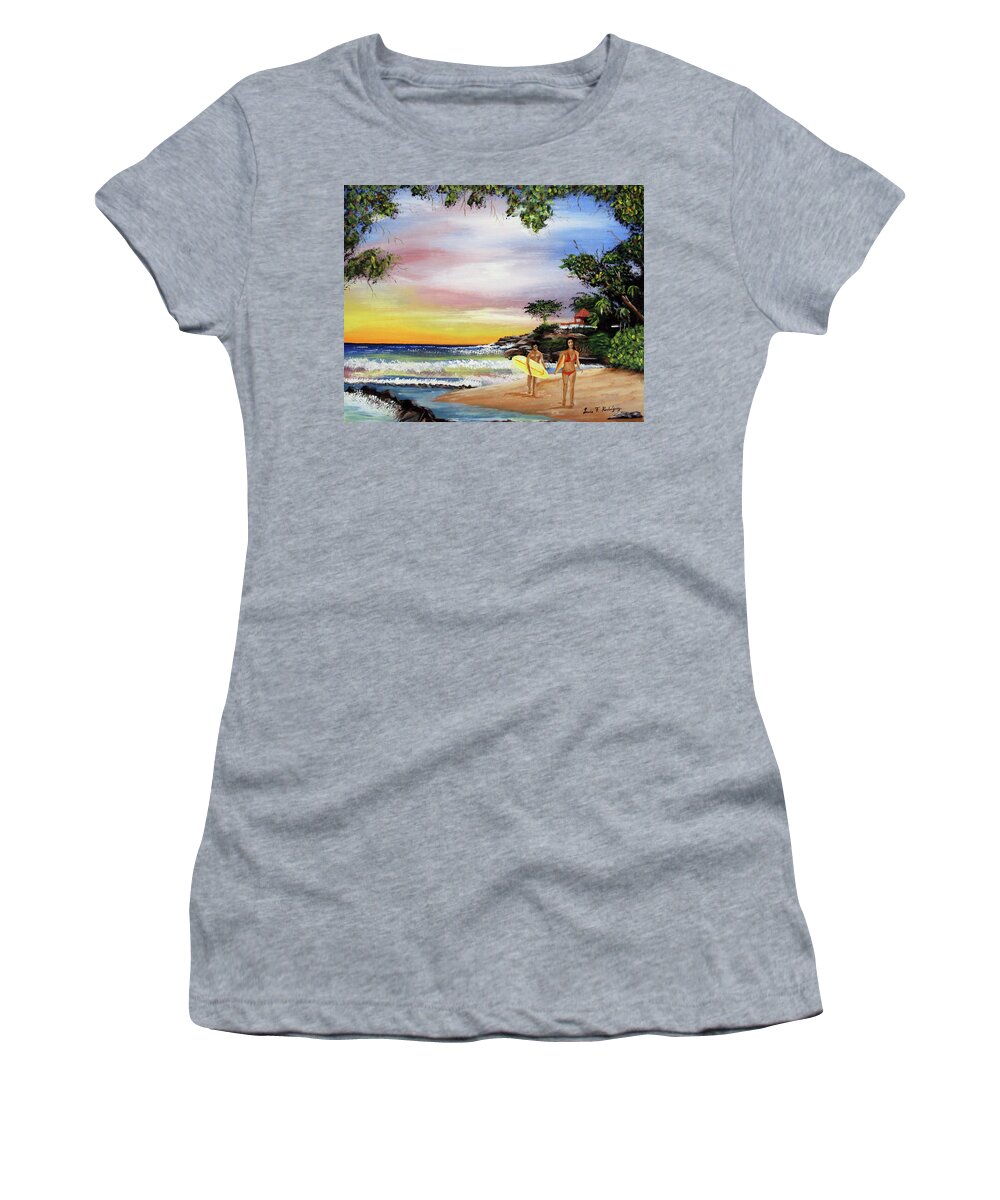 Surfing Women's T-Shirt featuring the painting Surfing In Rincon by Luis F Rodriguez
