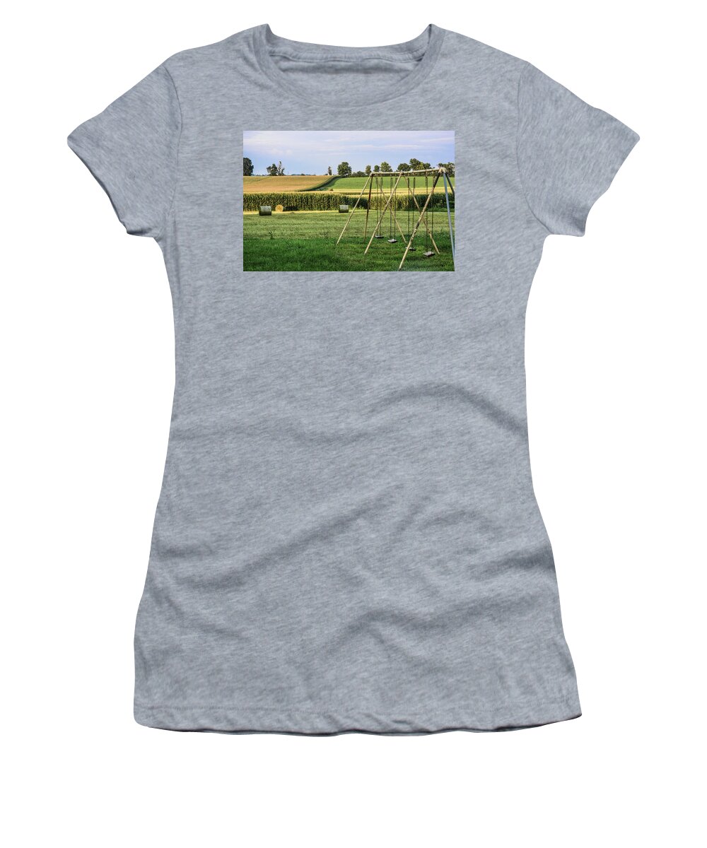 Swing Set Women's T-Shirt featuring the photograph Swing Set and Haybales by Tana Reiff