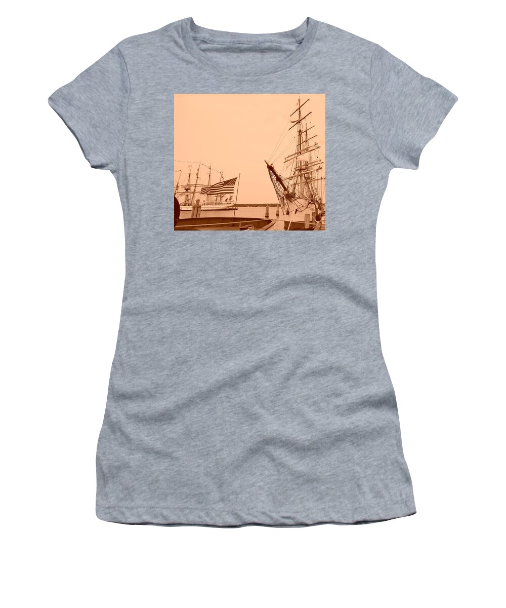 Tall Ships Women's T-Shirt featuring the mixed media Tall Ships Sepia Tone by Stacie Siemsen