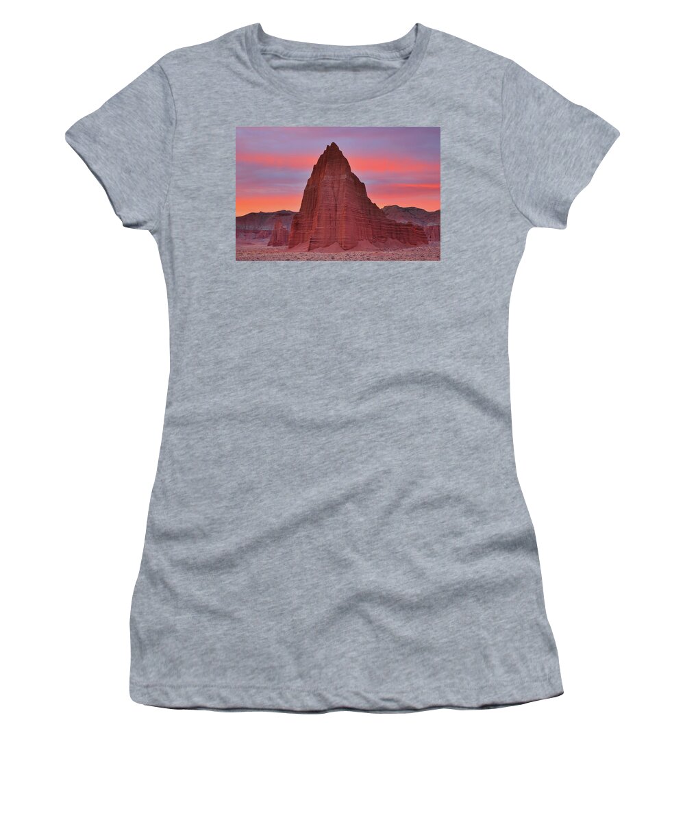 Temple Women's T-Shirt featuring the photograph Temple of the Sun and Moon at sunrise at Capitol Reef National Park by Jetson Nguyen