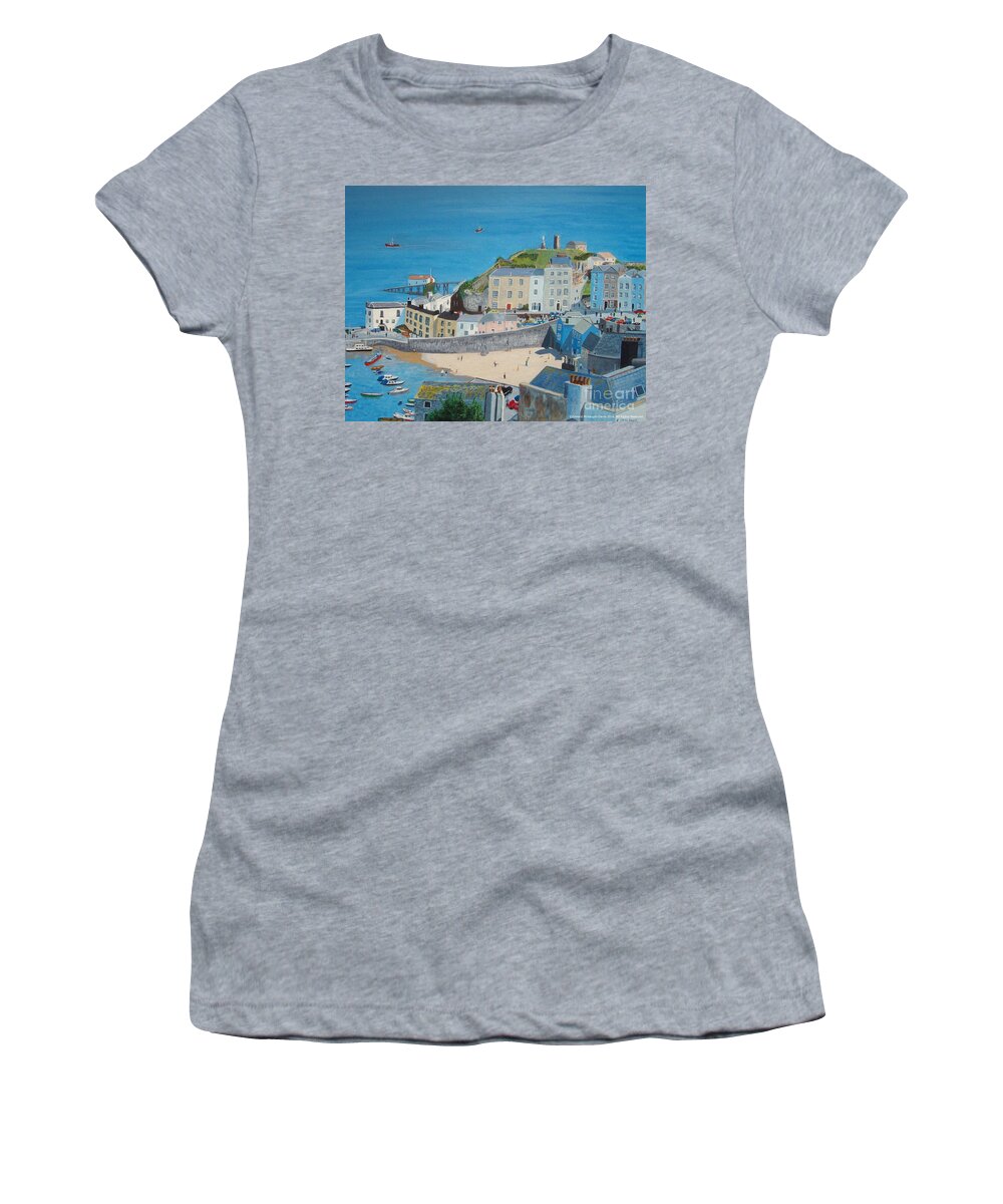 Tenby Harbour Beach In South Pembrokeshire Wales Women's T-Shirt featuring the painting Tenby Harbour Beach in Pembrokeshire Wales by Edward McNaught-Davis