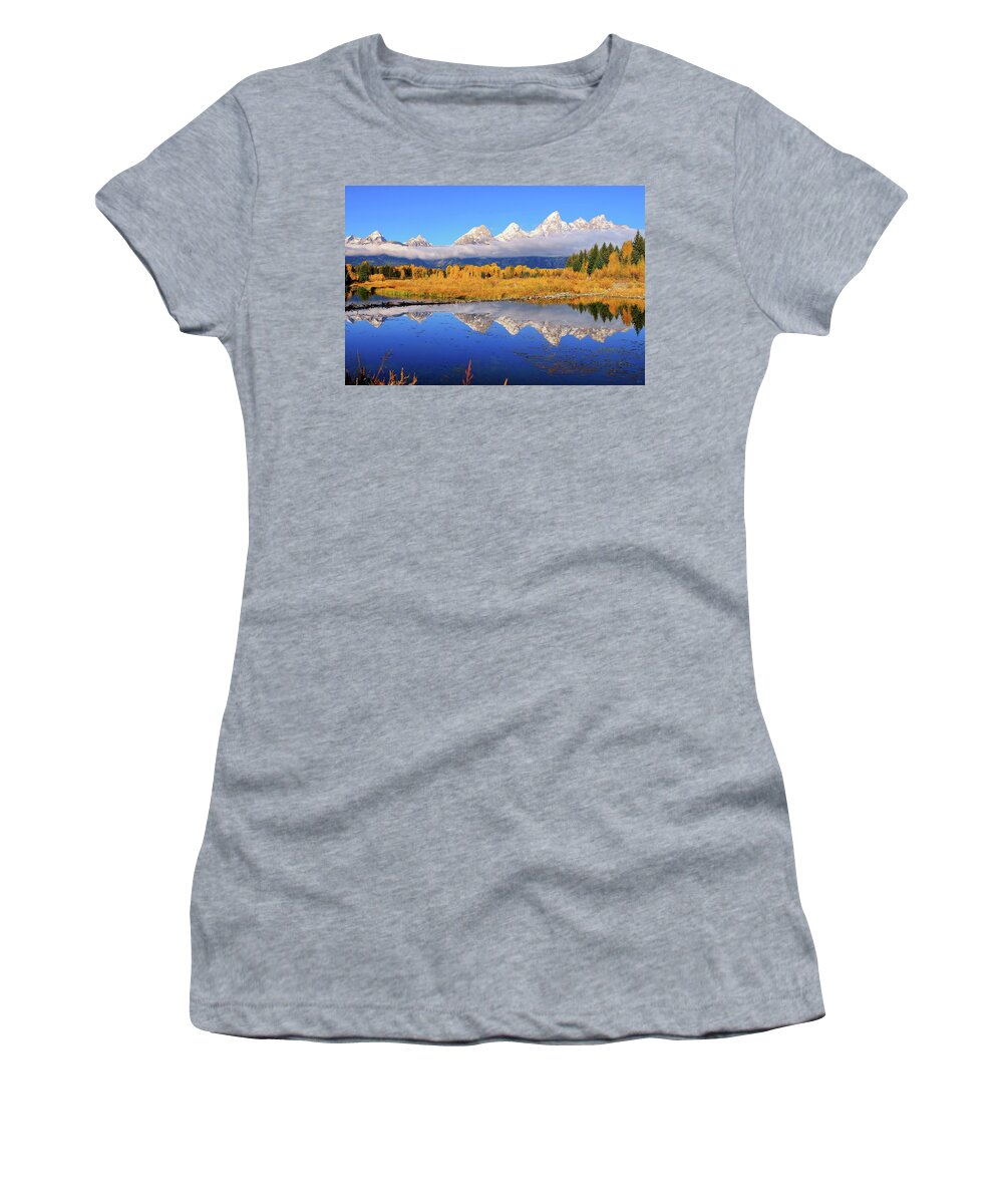 Tetons Women's T-Shirt featuring the photograph Teton Autumn Mirror by Greg Norrell