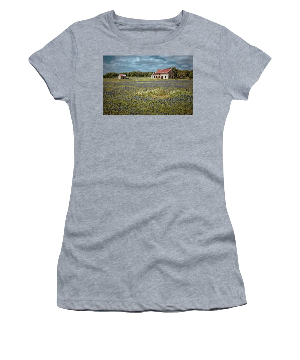 Bluebonnets Women's T-Shirt featuring the photograph Texas Stone House by Linda Unger