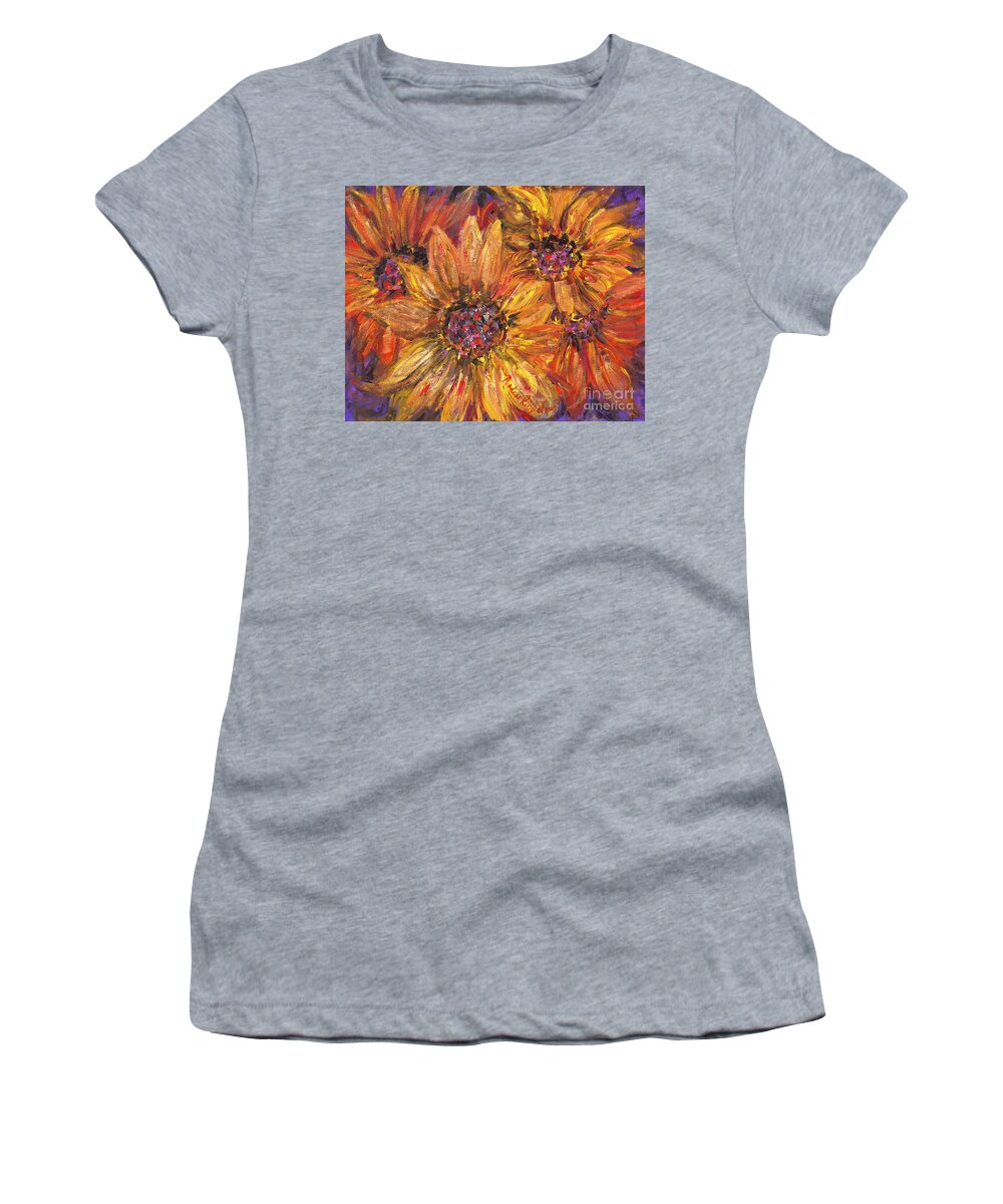 Yellow Women's T-Shirt featuring the painting Textured Gold and Red Sunflowers by Nadine Rippelmeyer